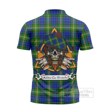 Maitland Tartan Zipper Polo Shirt with Family Crest and Bearded Skull Holding Bottles of Whiskey