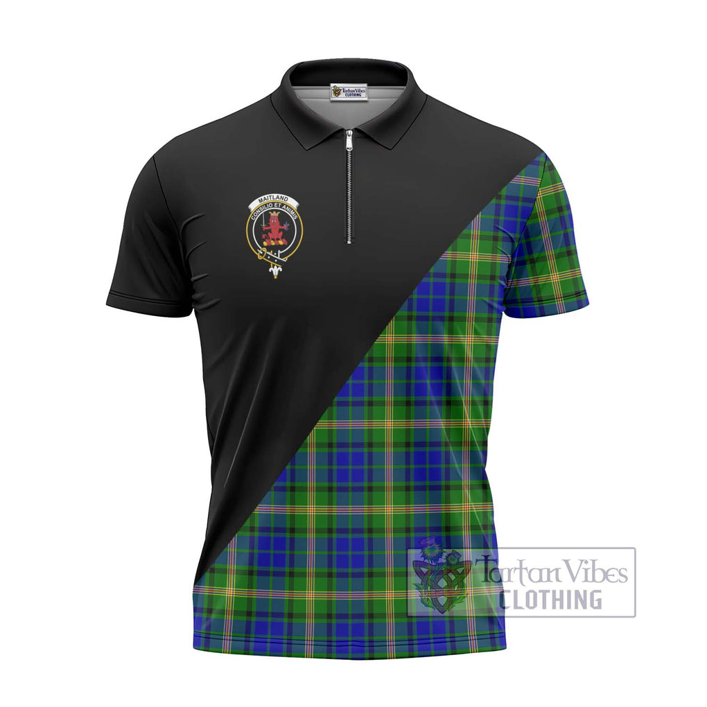 Maitland Tartan Zipper Polo Shirt with Family Crest and Military Logo Style - Tartanvibesclothing Shop