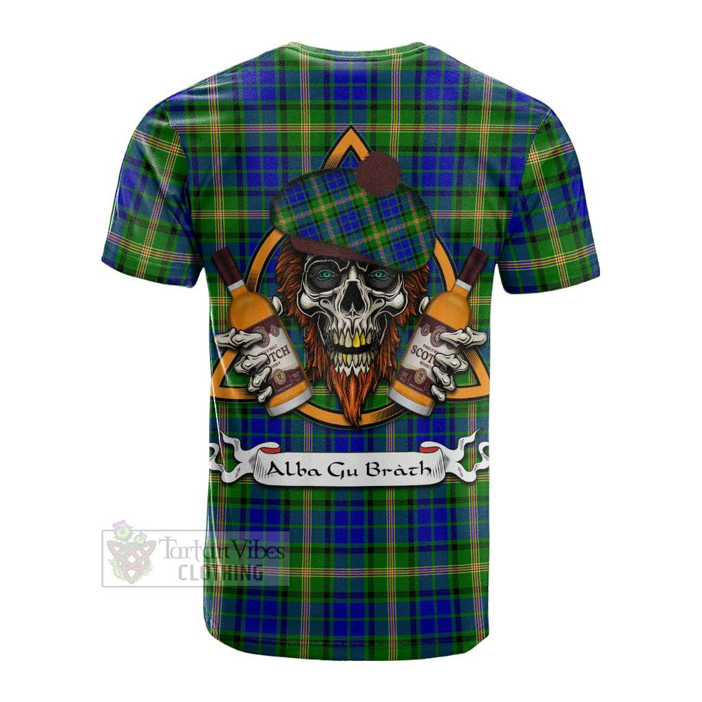 Tartan Vibes Clothing Maitland Tartan Cotton T-shirt with Family Crest and Bearded Skull Holding Bottles of Whiskey