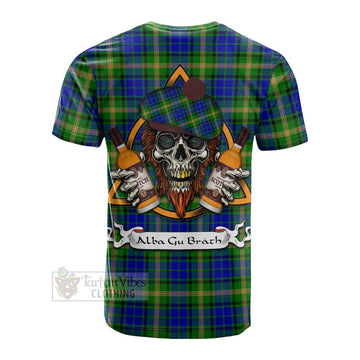 Maitland Tartan Cotton T-shirt with Family Crest and Bearded Skull Holding Bottles of Whiskey