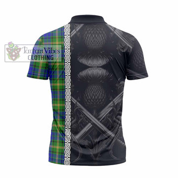 Maitland Tartan Zipper Polo Shirt with Family Crest Cross Sword Thistle Celtic Vibes