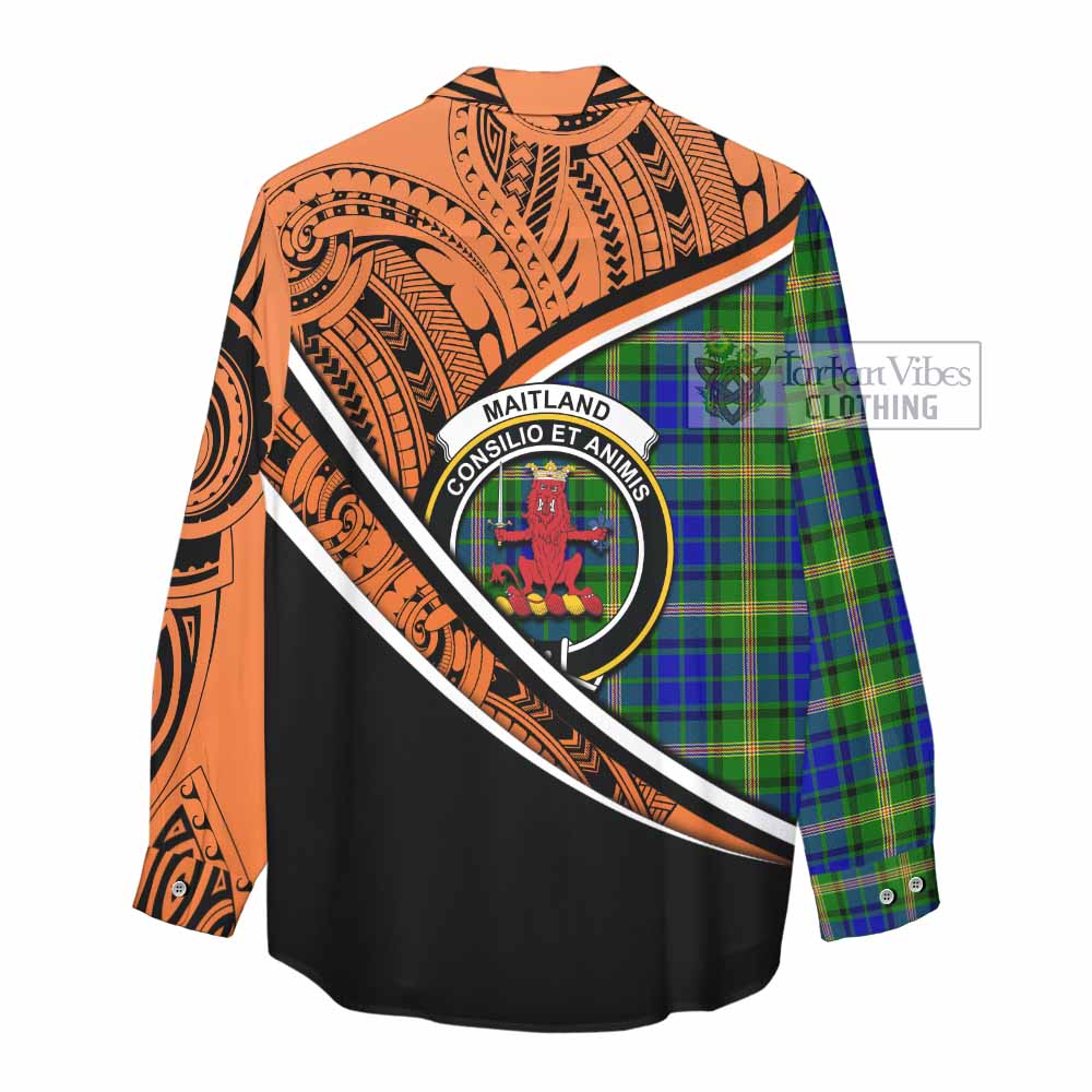 Tartan Vibes Clothing Maitland Crest Tartan Women's Casual Shirt with Maori Tattoo Style - Orange Version