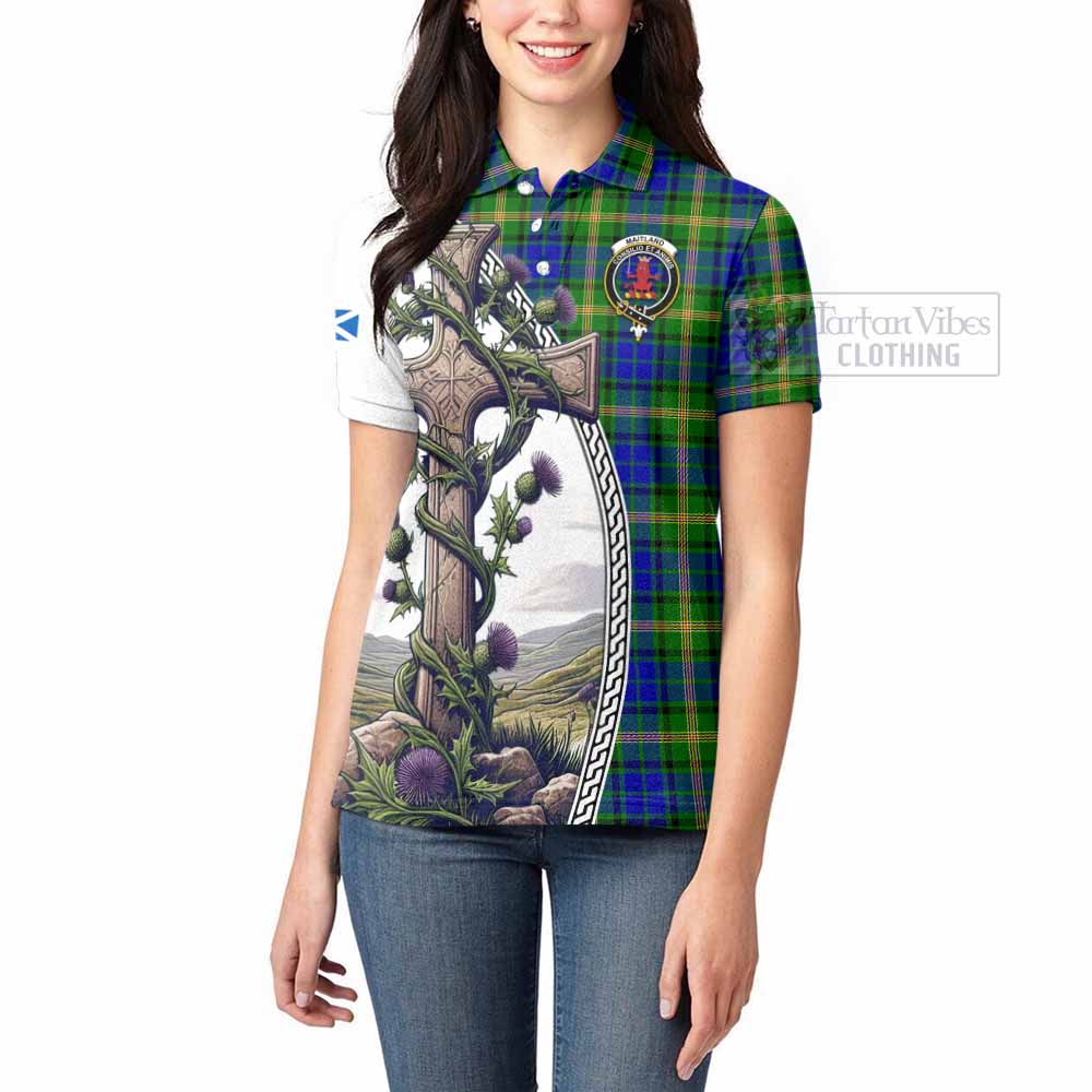 Tartan Vibes Clothing Maitland Tartan Women's Polo Shirt with Family Crest and St. Andrew's Cross Accented by Thistle Vines