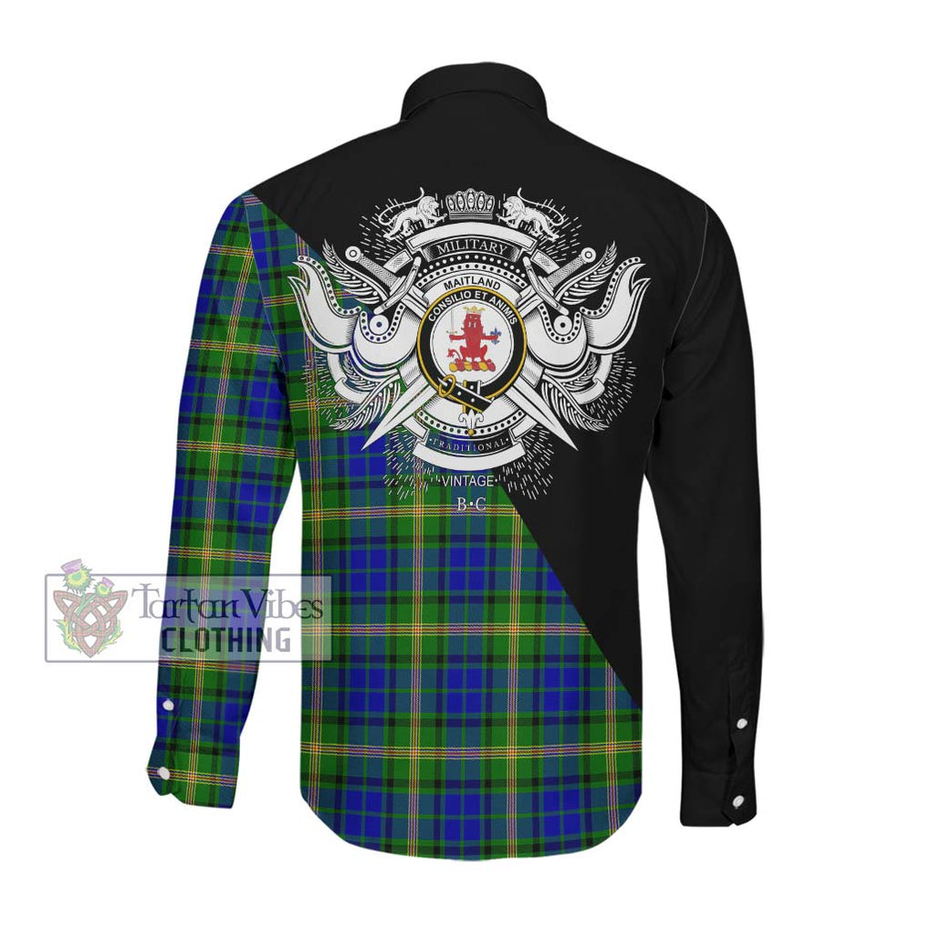 Maitland Tartan Long Sleeve Button Shirt with Family Crest and Military Logo Style Men's Shirt - Tartanvibesclothing Shop