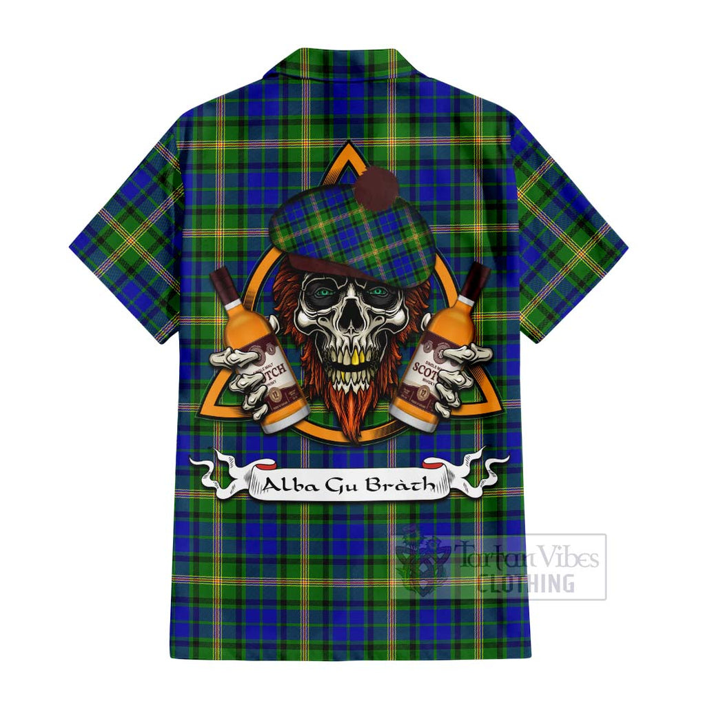 Tartan Vibes Clothing Maitland Tartan Short Sleeve Button Shirt with Family Crest and Bearded Skull Holding Bottles of Whiskey