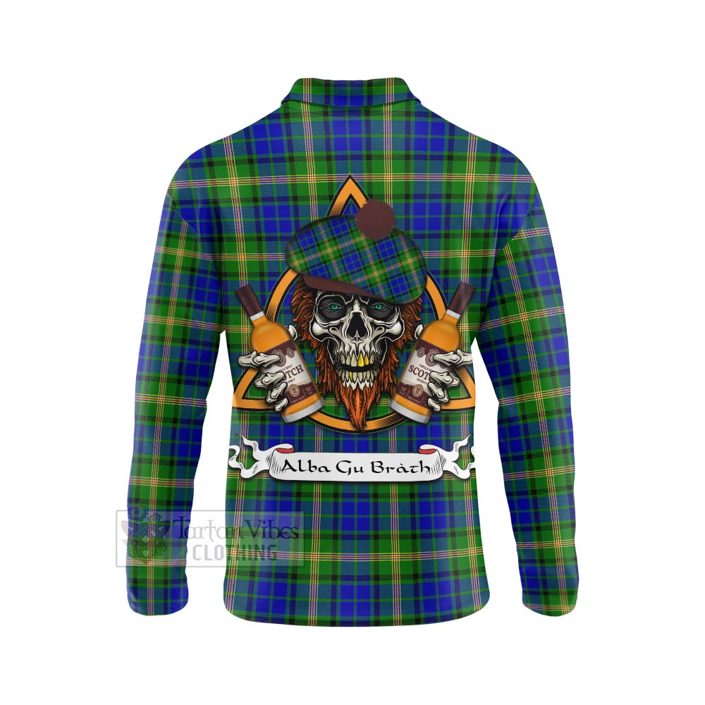 Tartan Vibes Clothing Maitland Tartan Long Sleeve Polo Shirt with Family Crest and Bearded Skull Holding Bottles of Whiskey