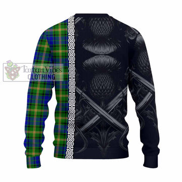 Maitland Tartan Knitted Sweater with Family Crest Cross Sword Thistle Celtic Vibes