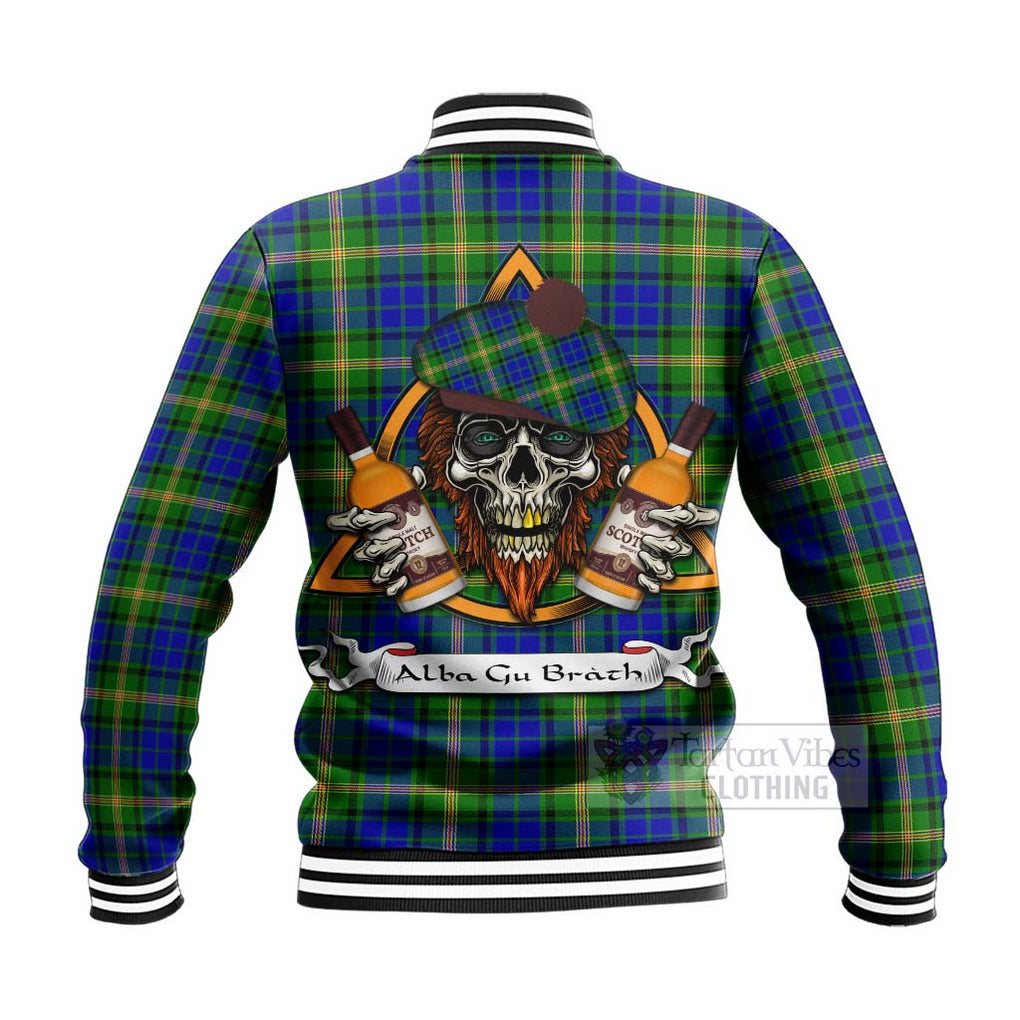 Tartan Vibes Clothing Maitland Tartan Baseball Jacket with Family Crest and Bearded Skull Holding Bottles of Whiskey