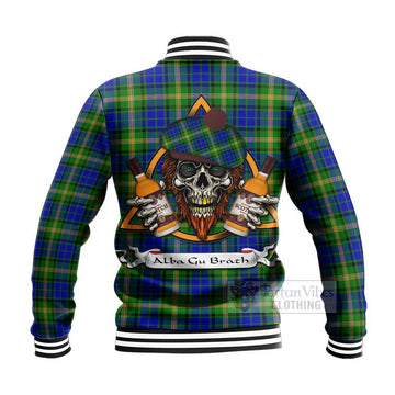 Maitland Tartan Baseball Jacket with Family Crest and Bearded Skull Holding Bottles of Whiskey