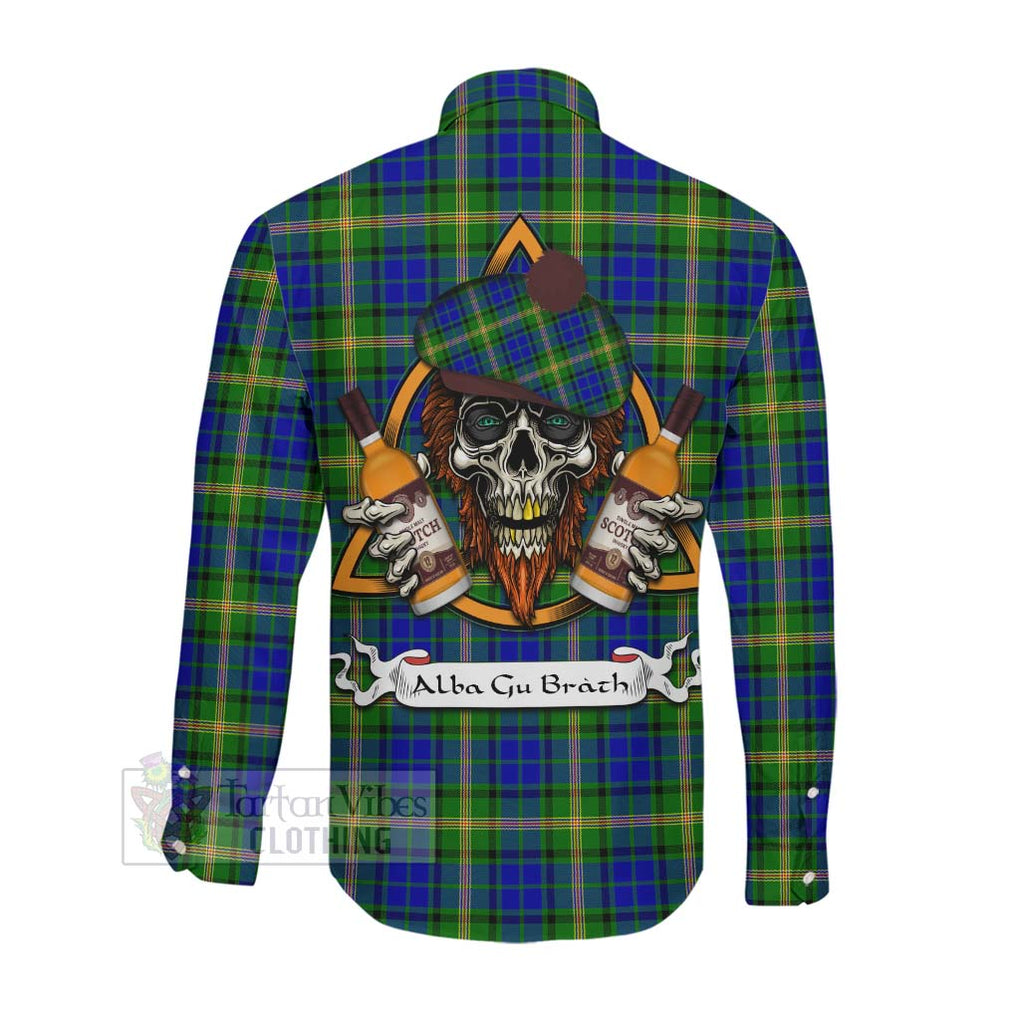 Tartan Vibes Clothing Maitland Tartan Long Sleeve Button Shirt with Family Crest and Bearded Skull Holding Bottles of Whiskey