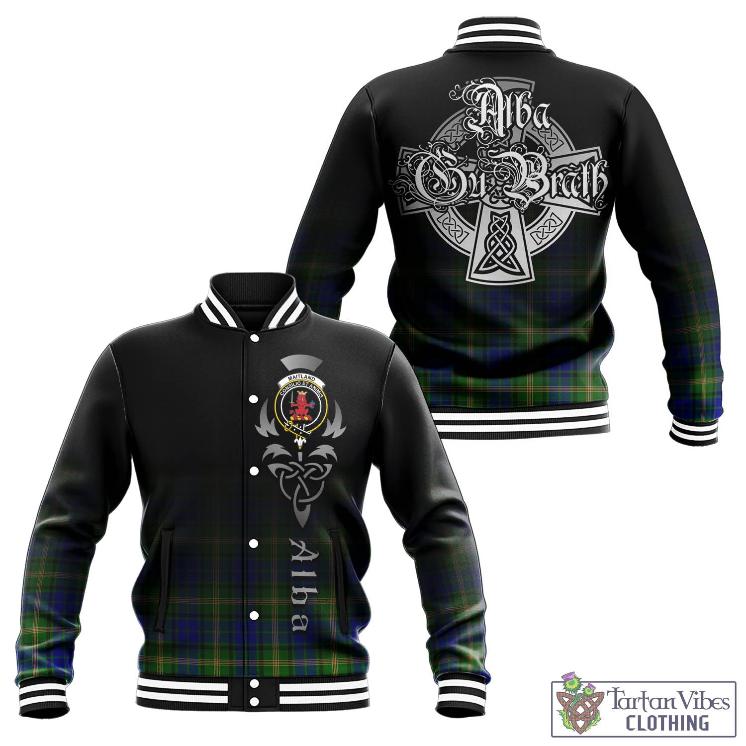 Tartan Vibes Clothing Maitland Tartan Baseball Jacket Featuring Alba Gu Brath Family Crest Celtic Inspired