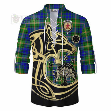 Maitland Tartan Ghillie Kilt Shirt with Family Crest Celtic Wolf Style