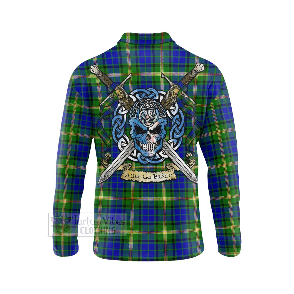 Tartan Vibes Clothing Maitland Tartan Long Sleeve Polo Shirt with Family Crest Celtic Skull Style