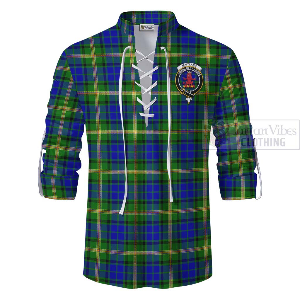 Tartan Vibes Clothing Maitland Tartan Ghillie Kilt Shirt with Family Crest and Bearded Skull Holding Bottles of Whiskey