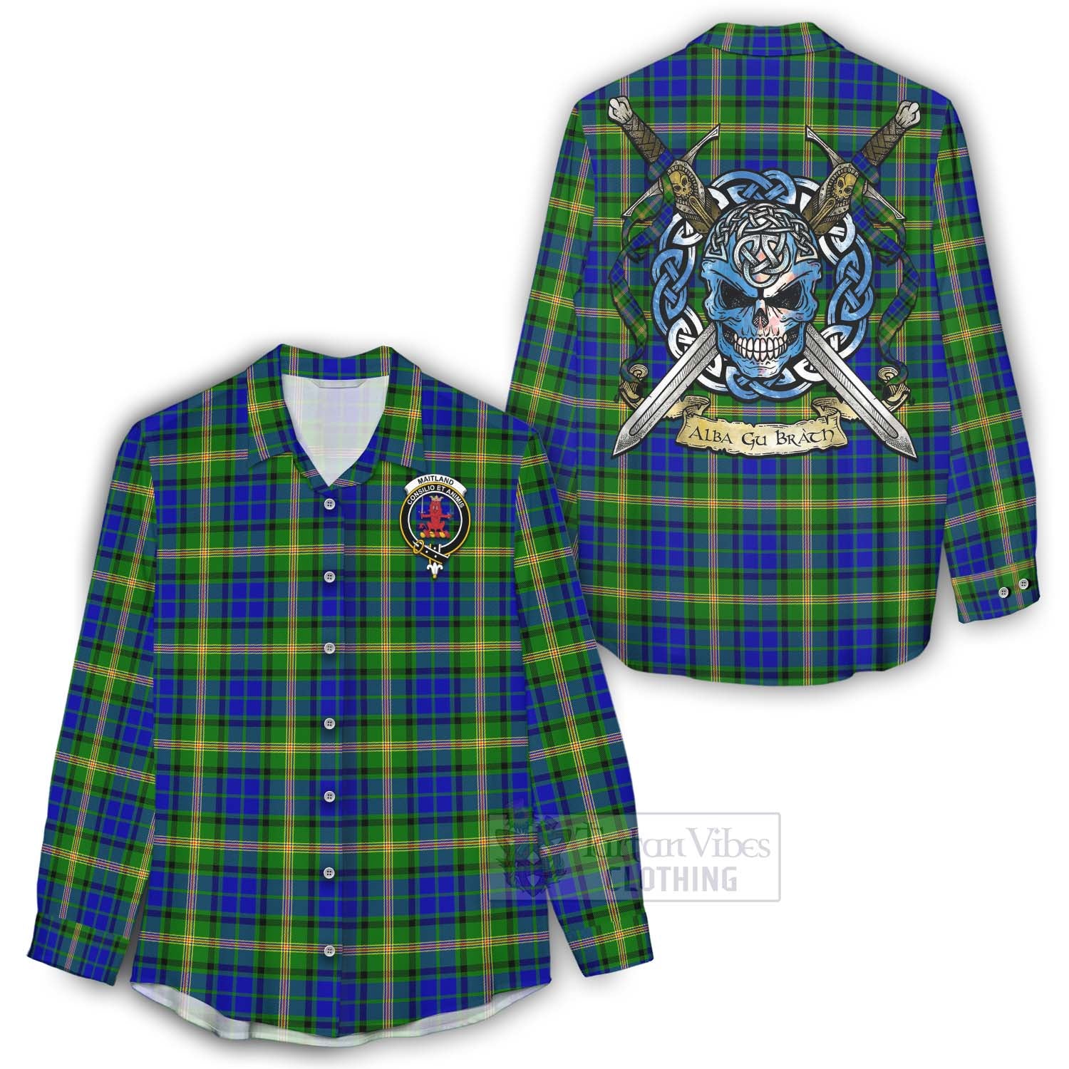 Tartan Vibes Clothing Maitland Tartan Women's Casual Shirt with Family Crest Celtic Skull Style