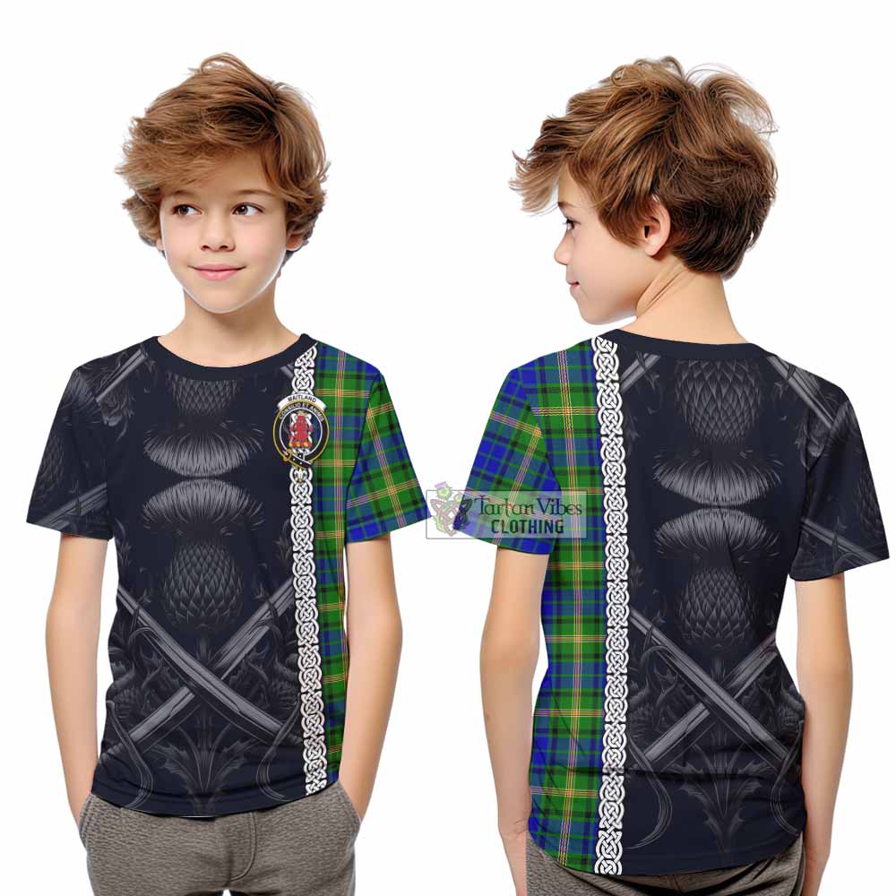 Tartan Vibes Clothing Maitland Tartan Kid T-Shirt with Family Crest Cross Sword Thistle Celtic Vibes