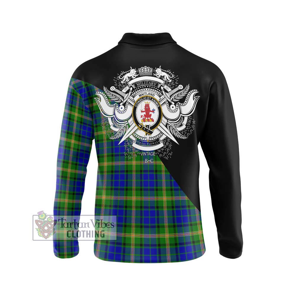 Maitland Tartan Long Sleeve Polo Shirt with Family Crest and Military Logo Style - Tartanvibesclothing Shop