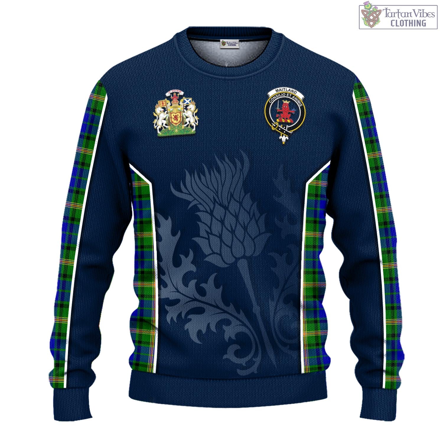 Tartan Vibes Clothing Maitland Tartan Knitted Sweatshirt with Family Crest and Scottish Thistle Vibes Sport Style