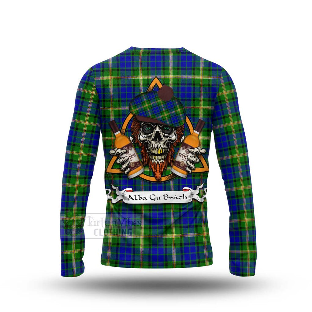 Tartan Vibes Clothing Maitland Tartan Long Sleeve T-Shirt with Family Crest and Bearded Skull Holding Bottles of Whiskey