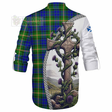 Maitland Tartan Ghillie Kilt Shirt with Family Crest and St. Andrew's Cross Accented by Thistle Vines