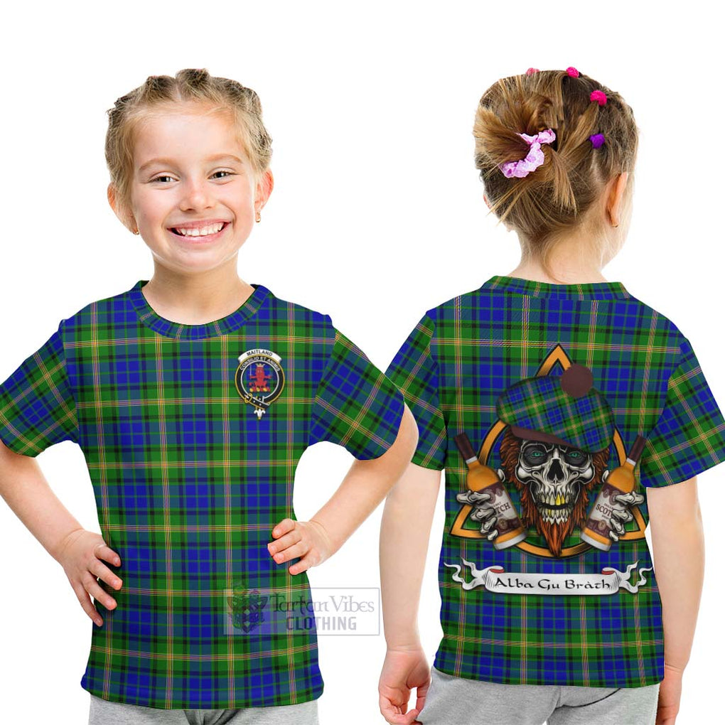 Tartan Vibes Clothing Maitland Tartan Kid T-Shirt with Family Crest and Bearded Skull Holding Bottles of Whiskey