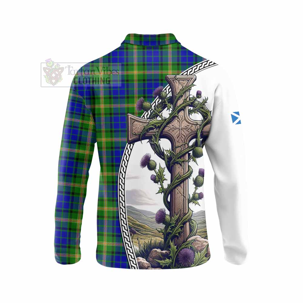 Tartan Vibes Clothing Maitland Tartan Long Sleeve Polo Shirt with Family Crest and St. Andrew's Cross Accented by Thistle Vines