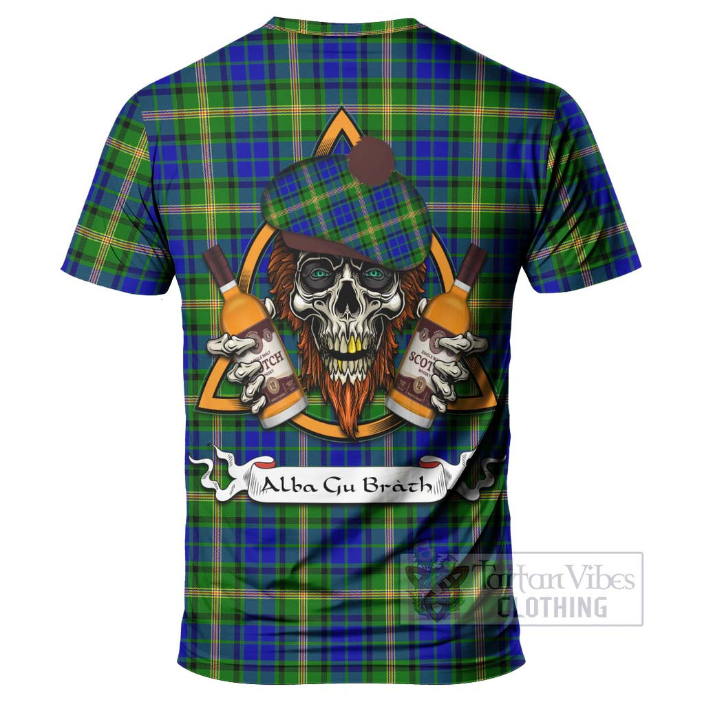 Tartan Vibes Clothing Maitland Tartan T-Shirt with Family Crest and Bearded Skull Holding Bottles of Whiskey