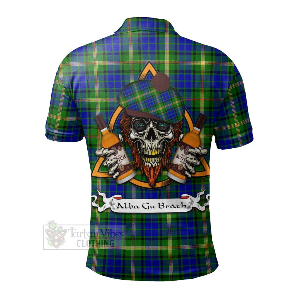 Tartan Vibes Clothing Maitland Tartan Polo Shirt with Family Crest and Bearded Skull Holding Bottles of Whiskey