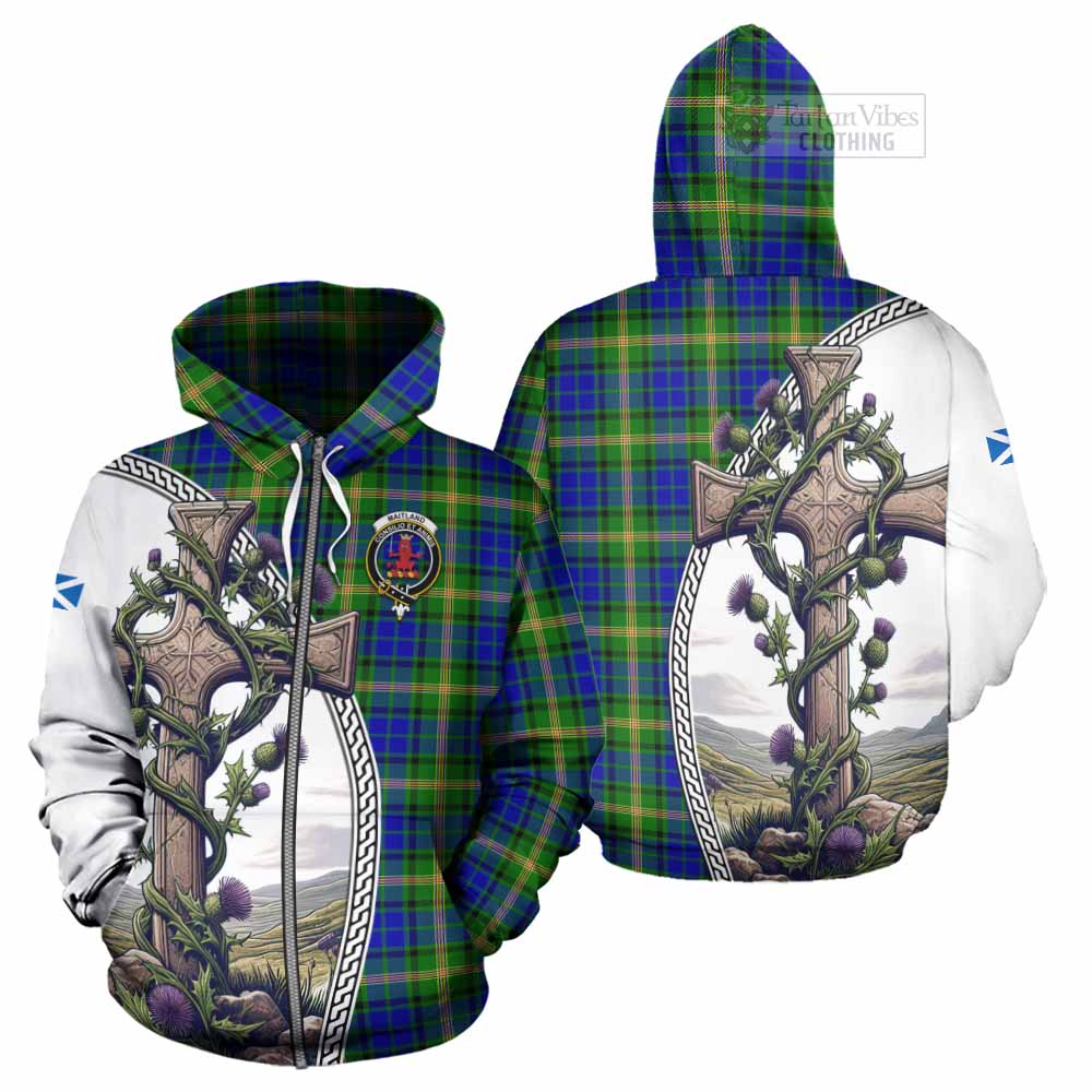 Tartan Vibes Clothing Maitland Tartan Hoodie with Family Crest and St. Andrew's Cross Accented by Thistle Vines