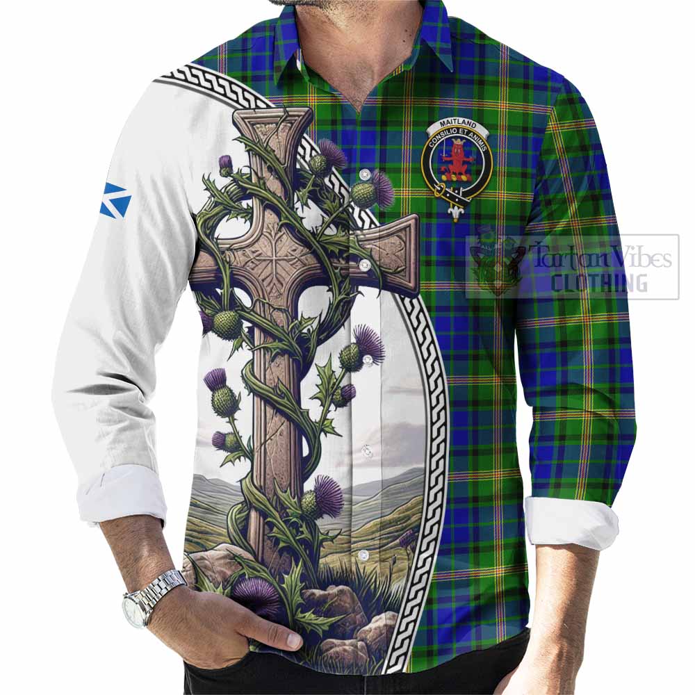 Tartan Vibes Clothing Maitland Tartan Long Sleeve Button Shirt with Family Crest and St. Andrew's Cross Accented by Thistle Vines