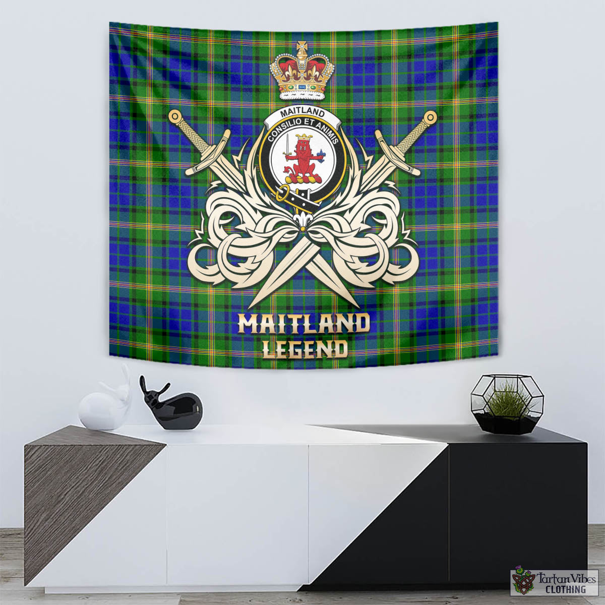 Tartan Vibes Clothing Maitland Tartan Tapestry with Clan Crest and the Golden Sword of Courageous Legacy