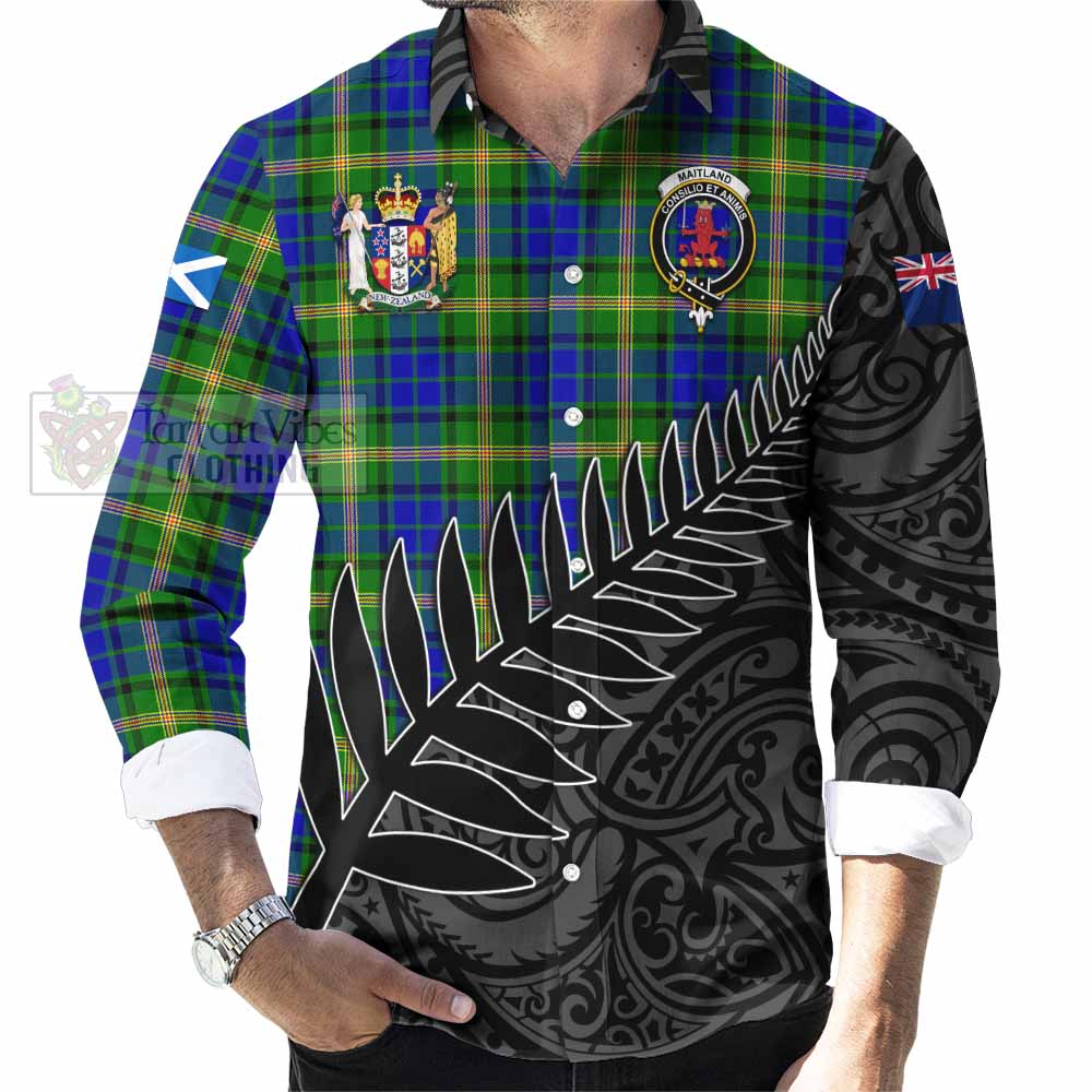 Tartan Vibes Clothing Maitland Crest Tartan Long Sleeve Button Shirt with New Zealand Silver Fern Half Style