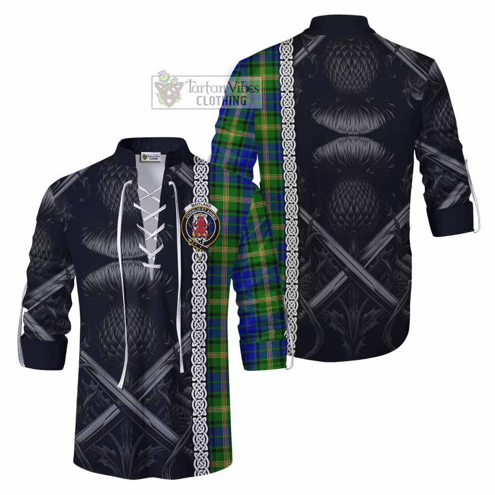 Tartan Vibes Clothing Maitland Tartan Ghillie Kilt Shirt with Family Crest Cross Sword Thistle Celtic Vibes