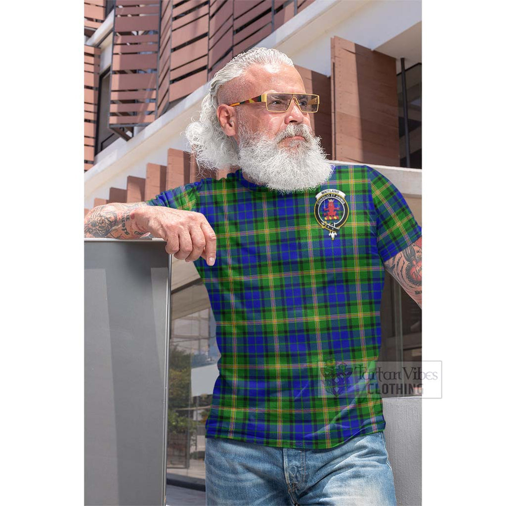 Tartan Vibes Clothing Maitland Tartan Cotton T-shirt with Family Crest and Bearded Skull Holding Bottles of Whiskey