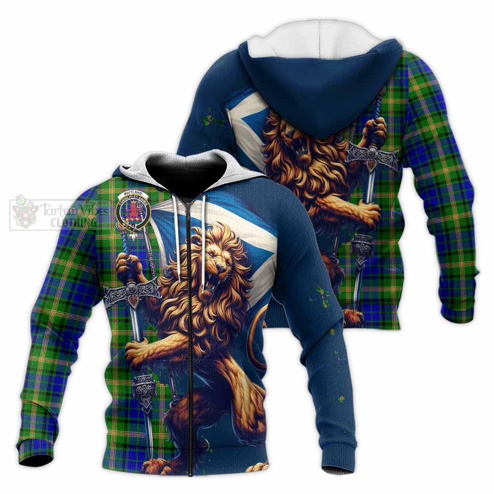 Tartan Vibes Clothing Maitland Tartan Family Crest Knitted Hoodie with Scottish Majestic Lion