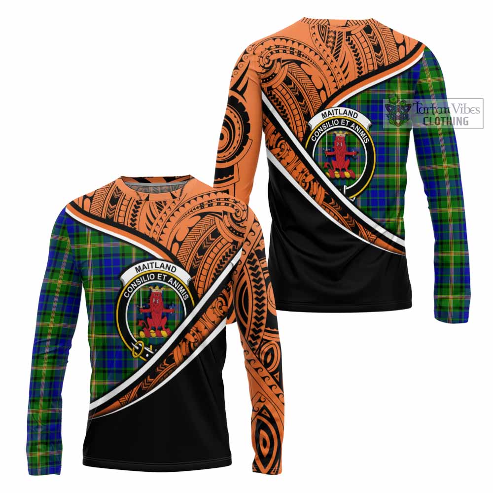 Tartan Vibes Clothing Maitland Crest Tartan Long Sleeve T-Shirt with Maori Tattoo Style - Orange Version