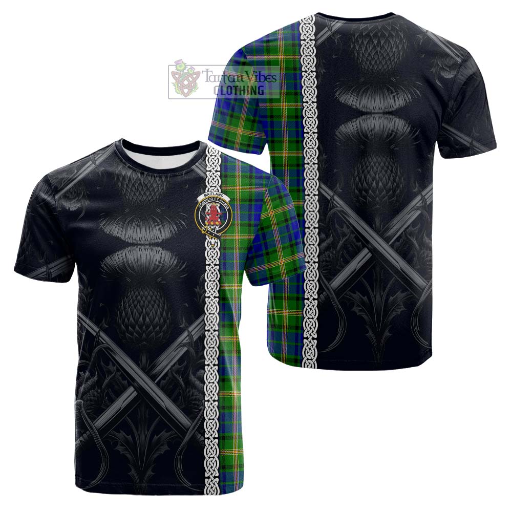 Tartan Vibes Clothing Maitland Tartan Cotton T-shirt with Family Crest Cross Sword Thistle Celtic Vibes