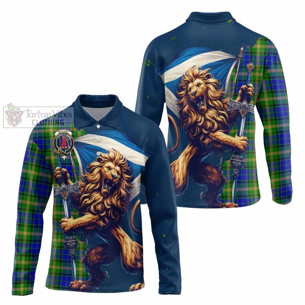 Tartan Vibes Clothing Maitland Tartan Family Crest Long Sleeve Polo Shirt with Scottish Majestic Lion