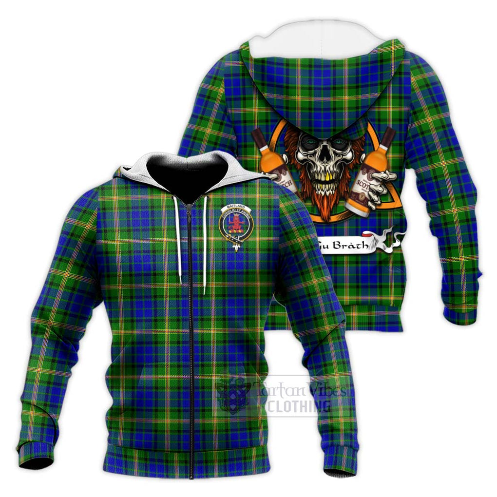 Tartan Vibes Clothing Maitland Tartan Knitted Hoodie with Family Crest and Bearded Skull Holding Bottles of Whiskey