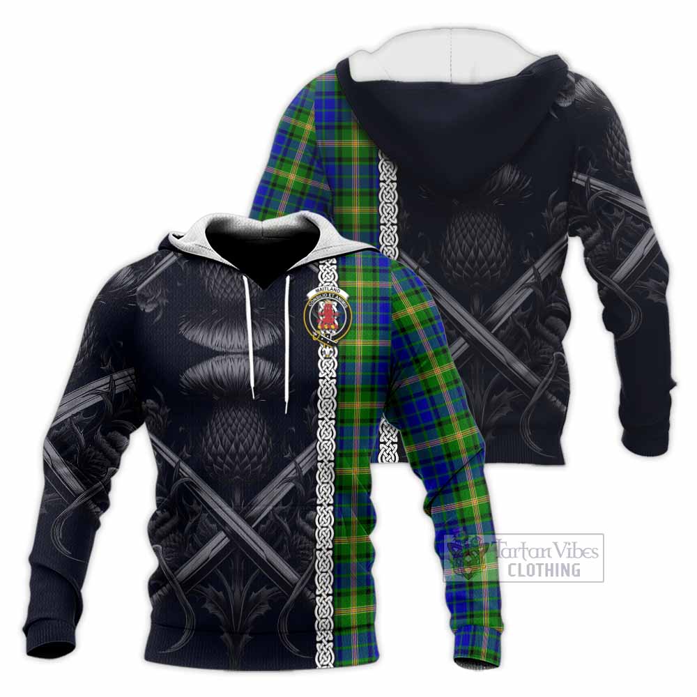 Tartan Vibes Clothing Maitland Tartan Knitted Hoodie with Family Crest Cross Sword Thistle Celtic Vibes