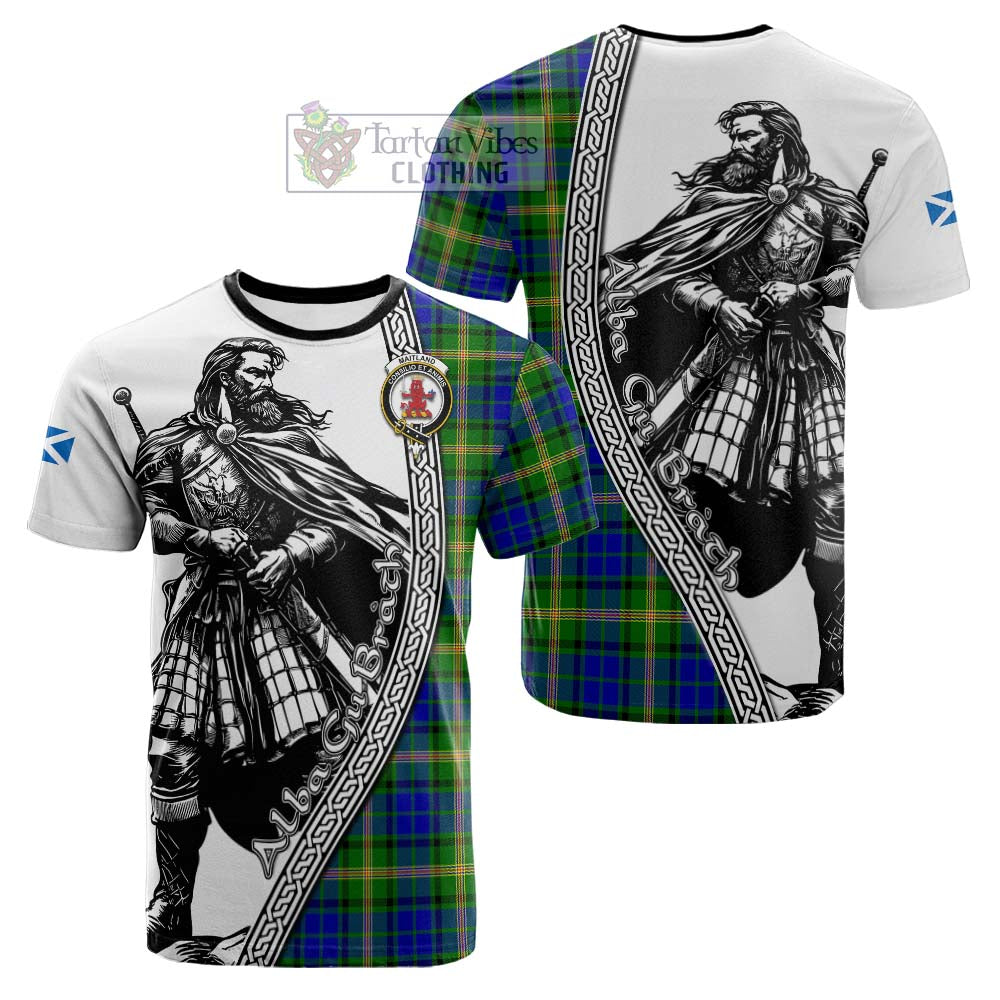 Maitland Tartan Clan Crest Cotton T-shirt with Highlander Warrior Celtic Style