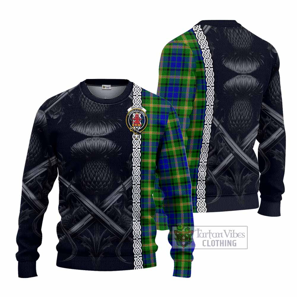 Tartan Vibes Clothing Maitland Tartan Knitted Sweater with Family Crest Cross Sword Thistle Celtic Vibes