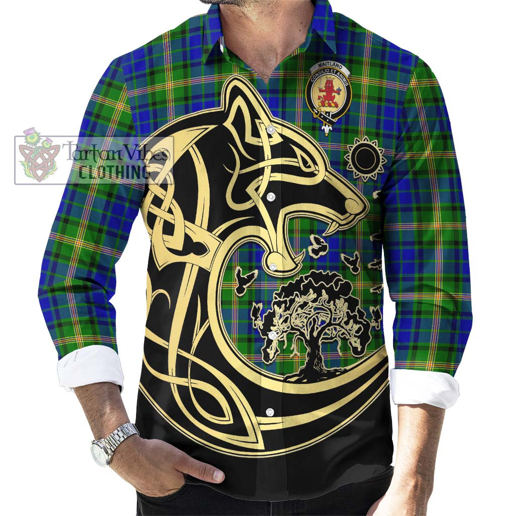 Maitland Tartan Long Sleeve Button Shirt with Family Crest Celtic Wolf Style - Tartan Vibes Clothing