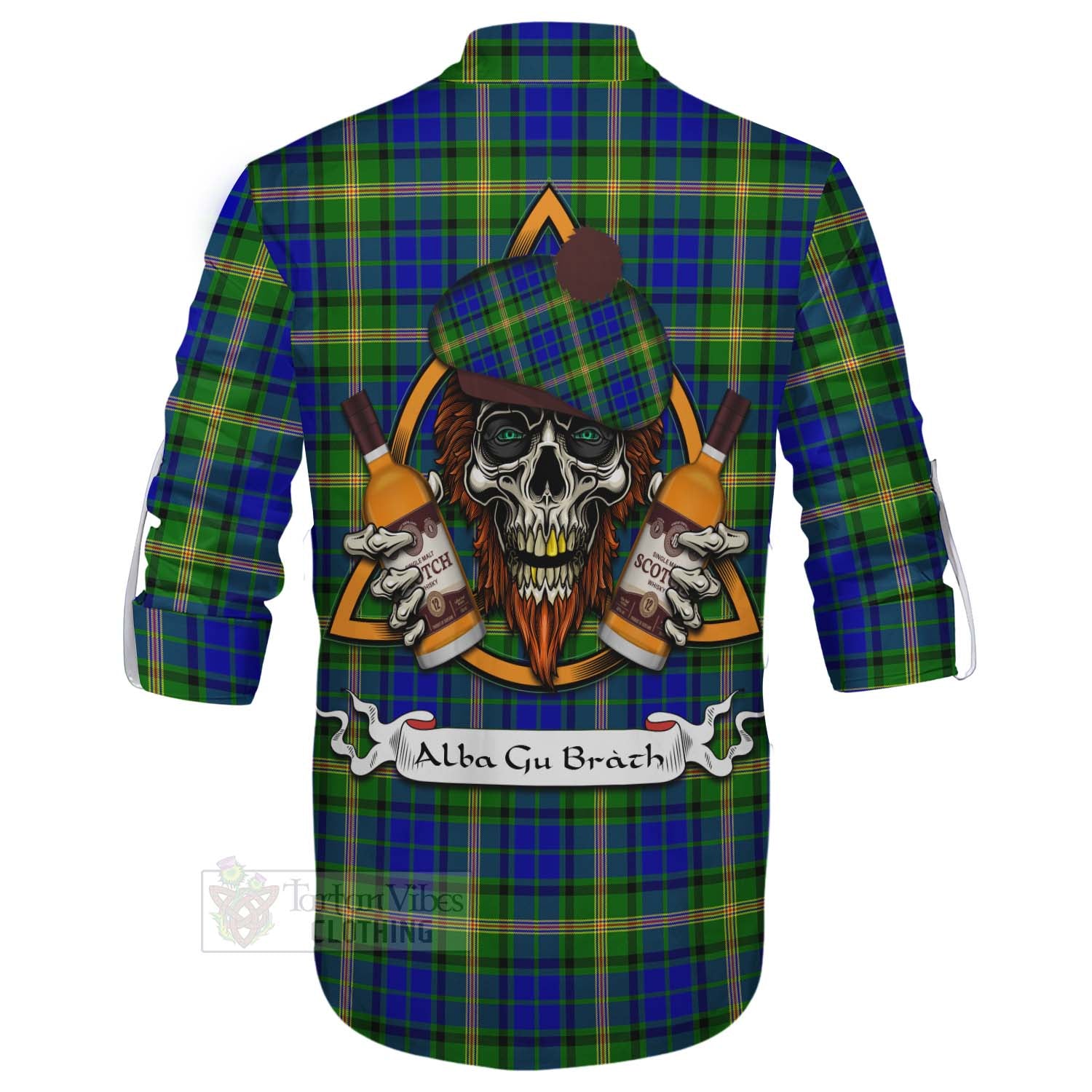 Tartan Vibes Clothing Maitland Tartan Ghillie Kilt Shirt with Family Crest and Bearded Skull Holding Bottles of Whiskey