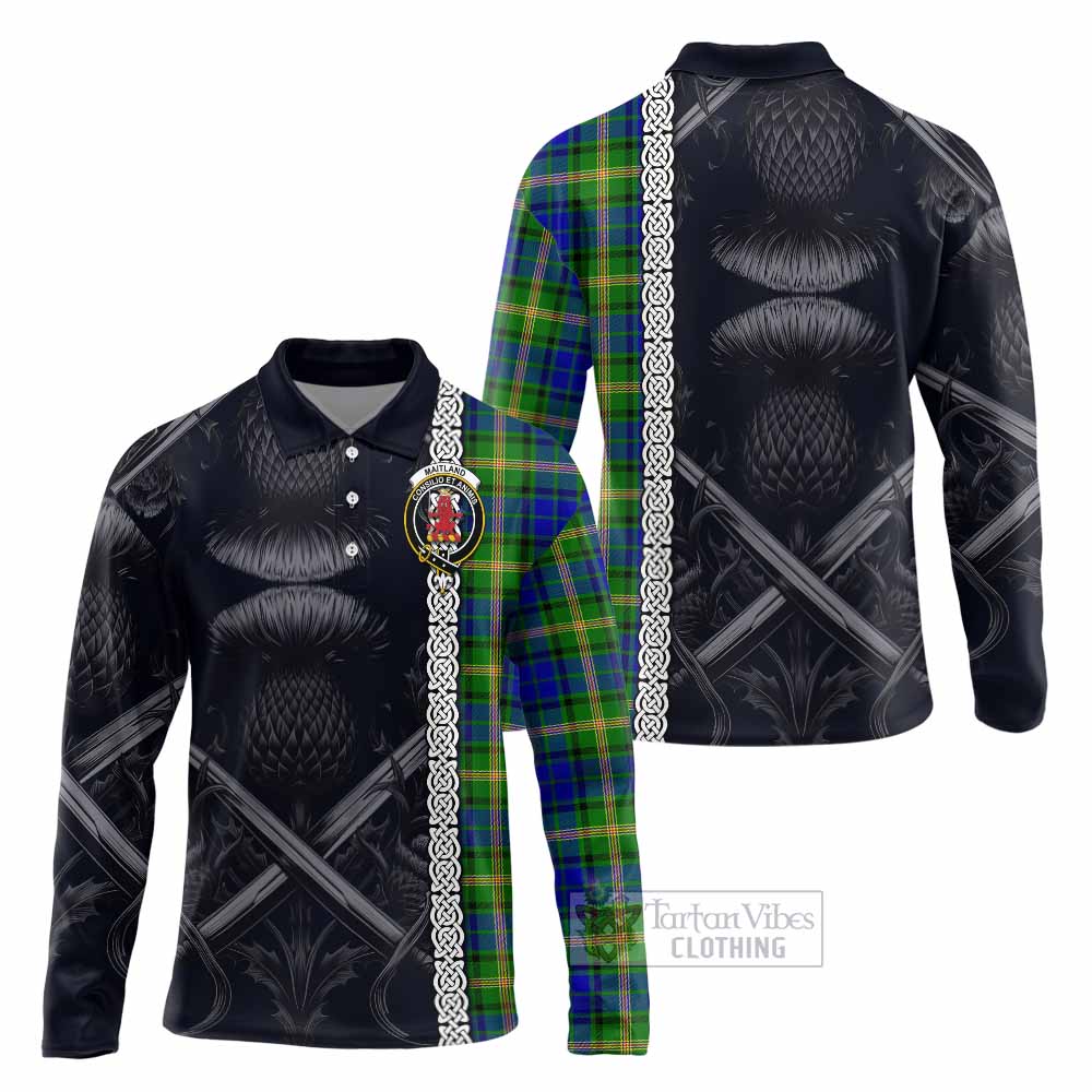 Tartan Vibes Clothing Maitland Tartan Long Sleeve Polo Shirt with Family Crest Cross Sword Thistle Celtic Vibes