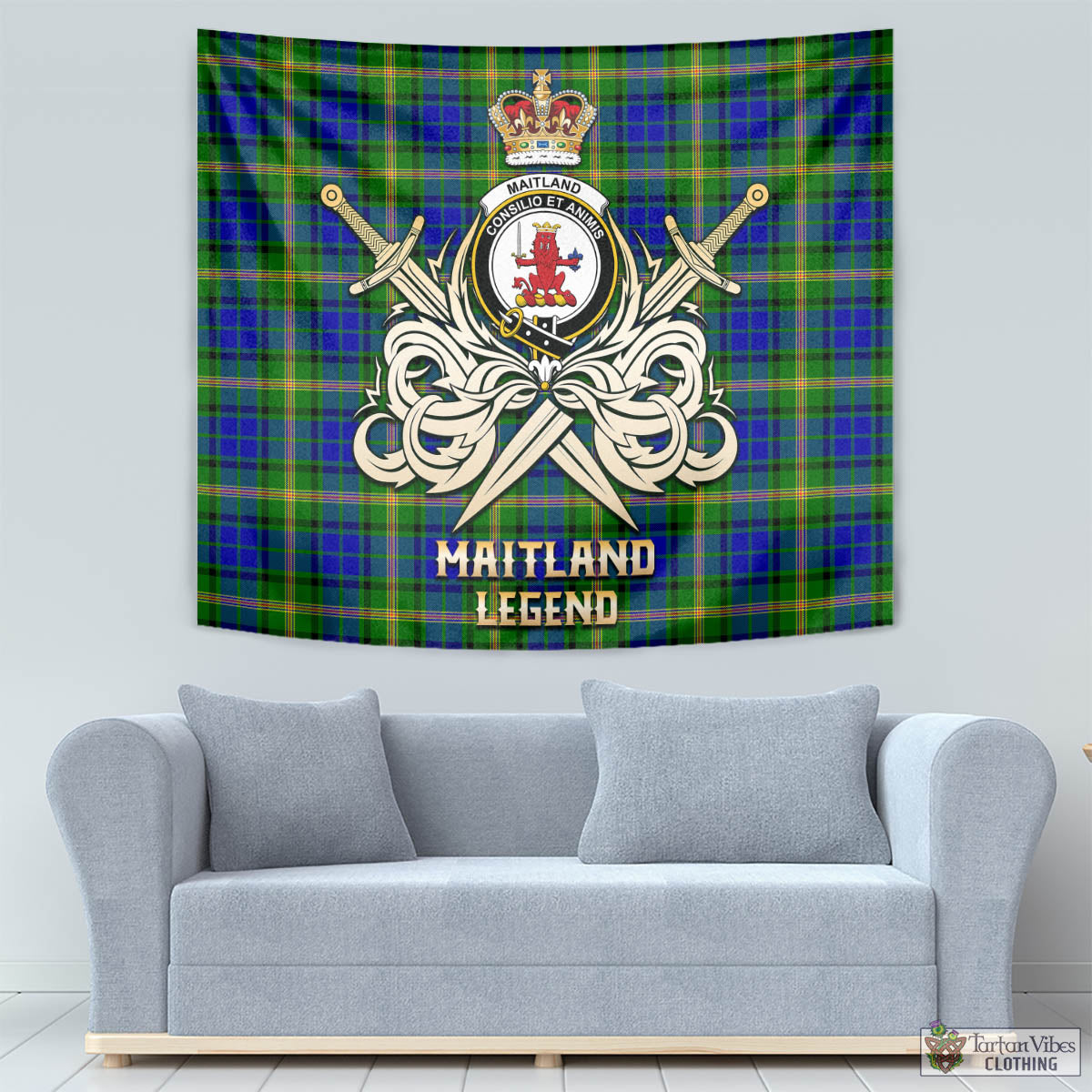 Tartan Vibes Clothing Maitland Tartan Tapestry with Clan Crest and the Golden Sword of Courageous Legacy