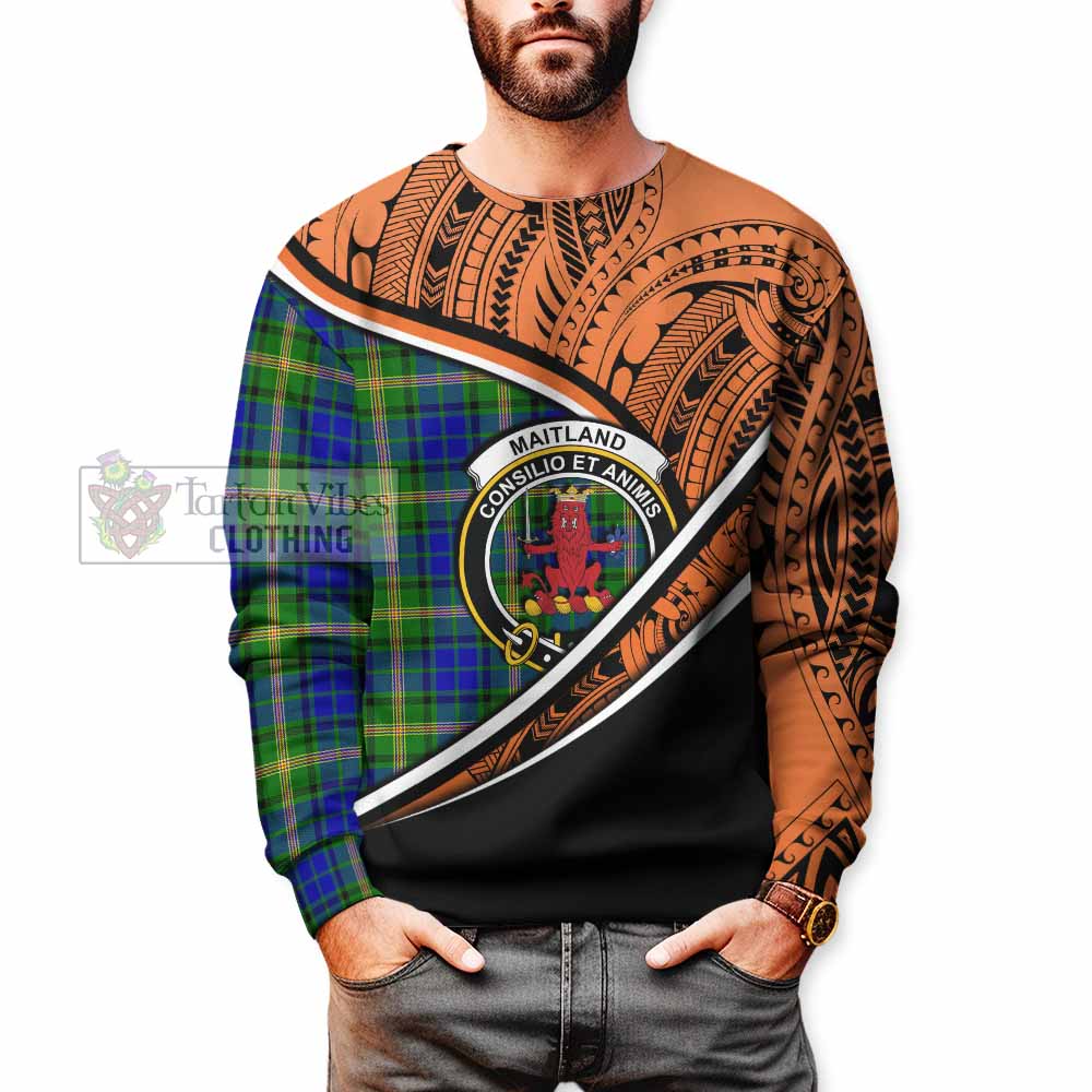 Tartan Vibes Clothing Maitland Crest Tartan Sweatshirt with Maori Tattoo Style - Orange Version