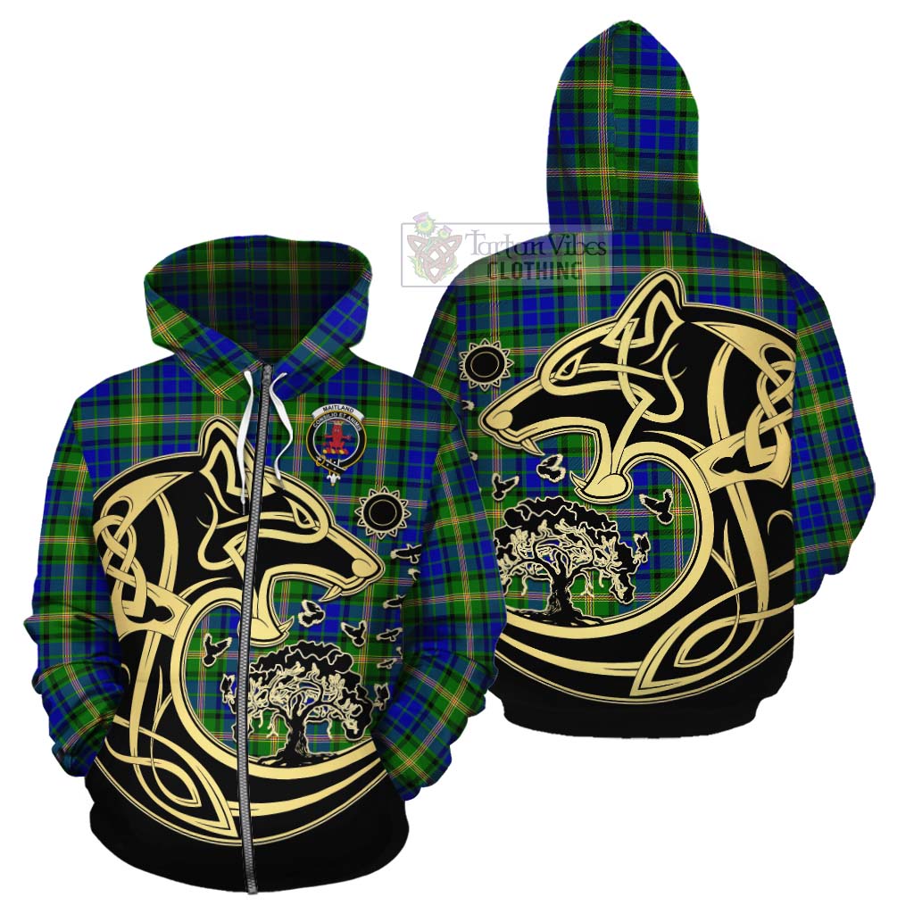 Tartan Vibes Clothing Maitland Tartan Cotton Hoodie with Family Crest Celtic Wolf Style