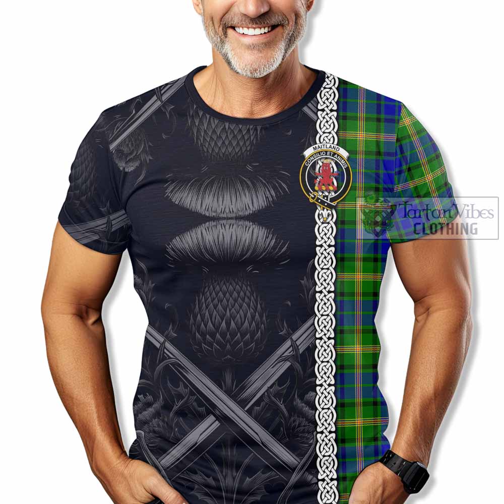 Tartan Vibes Clothing Maitland Tartan T-Shirt with Family Crest Cross Sword Thistle Celtic Vibes