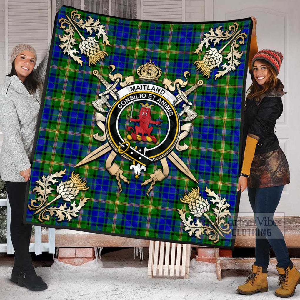 Tartan Vibes Clothing Maitland Tartan Quilt with Family Crest and Scottish Golden Courage Shield